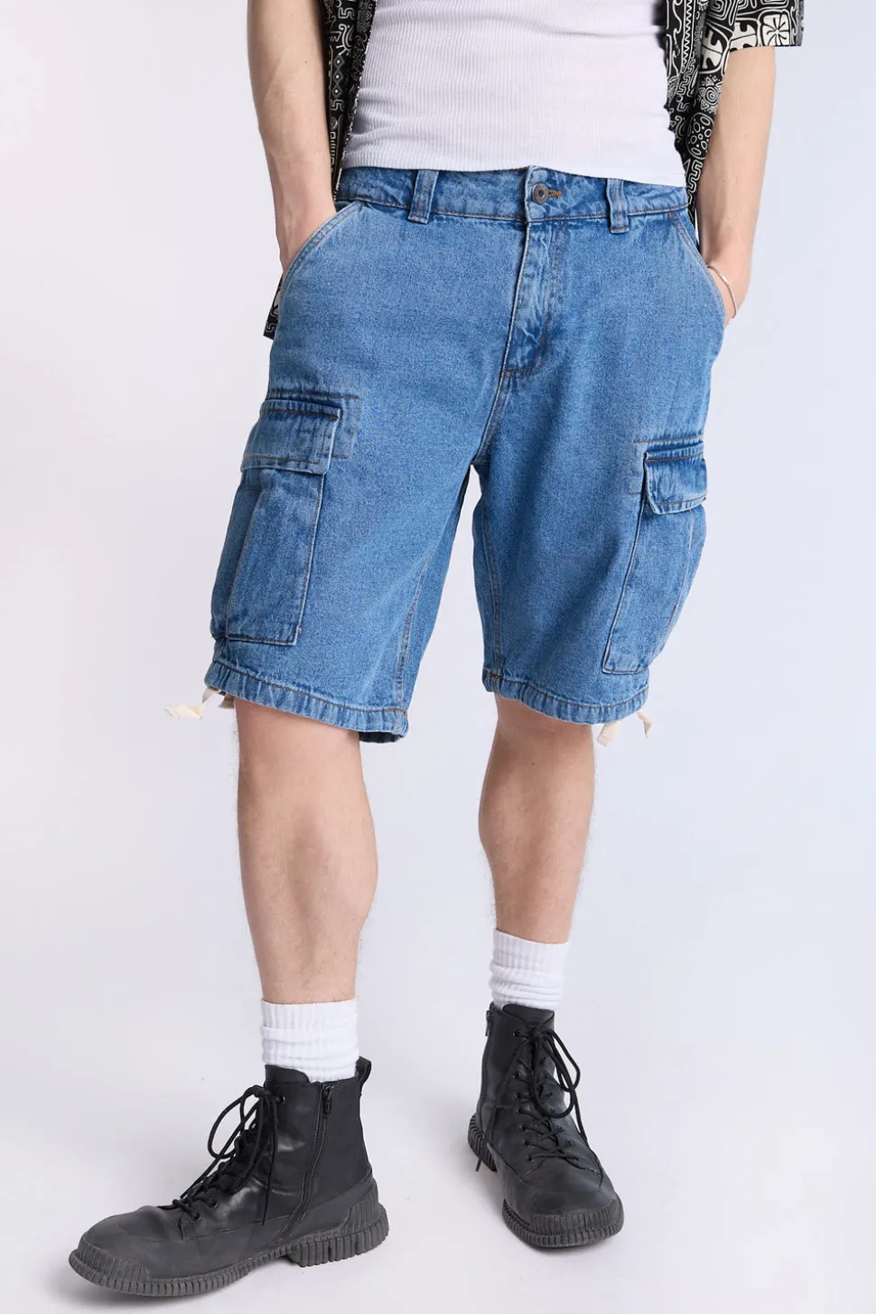 Arsenic Mens Loose Denim Cargo Shorts