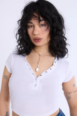 Curved Hem Cropped Henley Tee