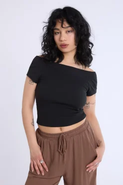 Short Sleeved Off Shoulder Ribbed Knit Top
