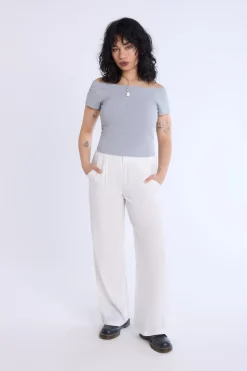 Short Sleeved Off Shoulder Ribbed Knit Top