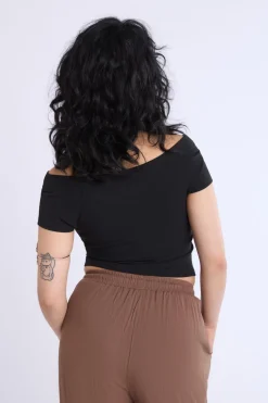Short Sleeved Off Shoulder Ribbed Knit Top