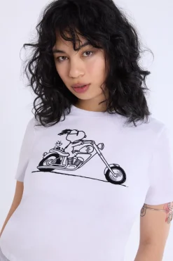 Womens Motorcycle Snoopy Graphic Baby Tee