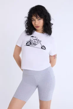 Womens Motorcycle Snoopy Graphic Baby Tee